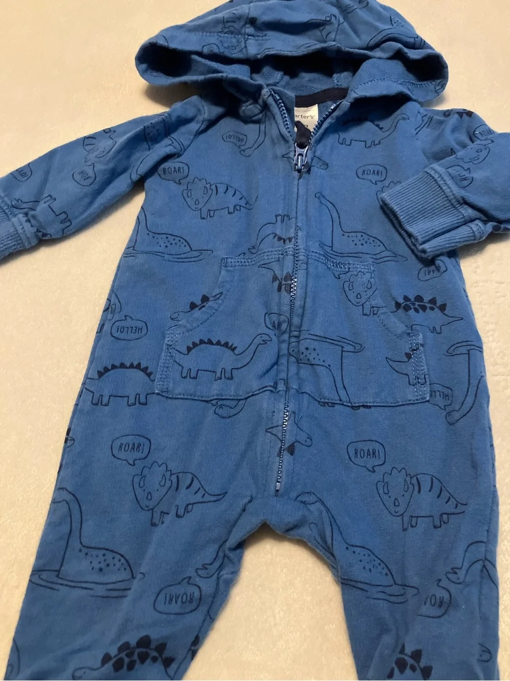 Blue Dinosaur Hooded One-Piece Zip Romper